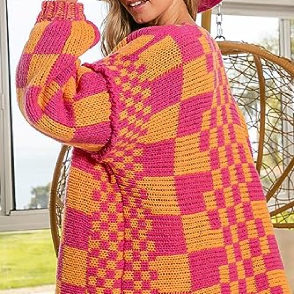 Vintage Checkered Cardigan Sweater Chunky Knit Oversized Y2K Retro Style - Picture 4 of 8